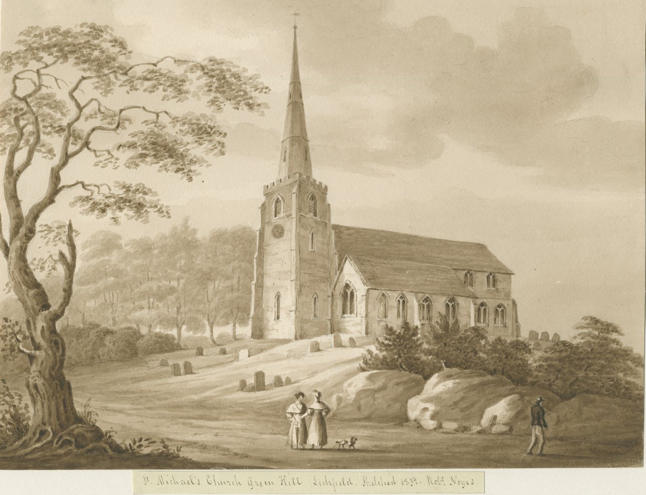 Lichfield - Kościół św. Michała: rysunek w sepii autorstwa Robert Noyes