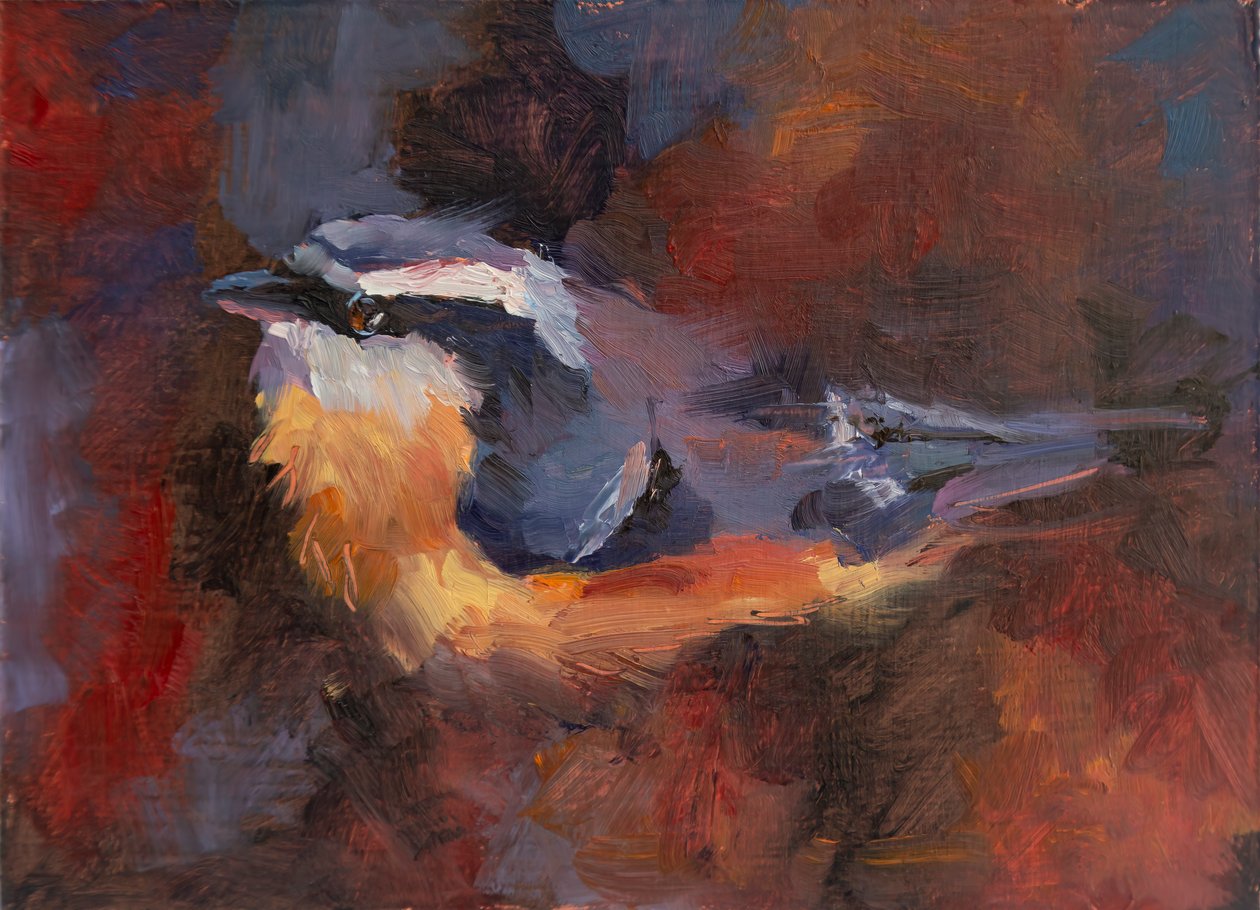Funny Little Bird, 2023 (olej na panelu) autorstwa Roberta Murray