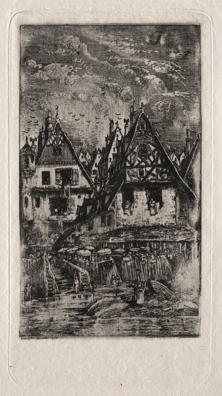 Targowisko z Parasolami autorstwa Rodolphe Bresdin
