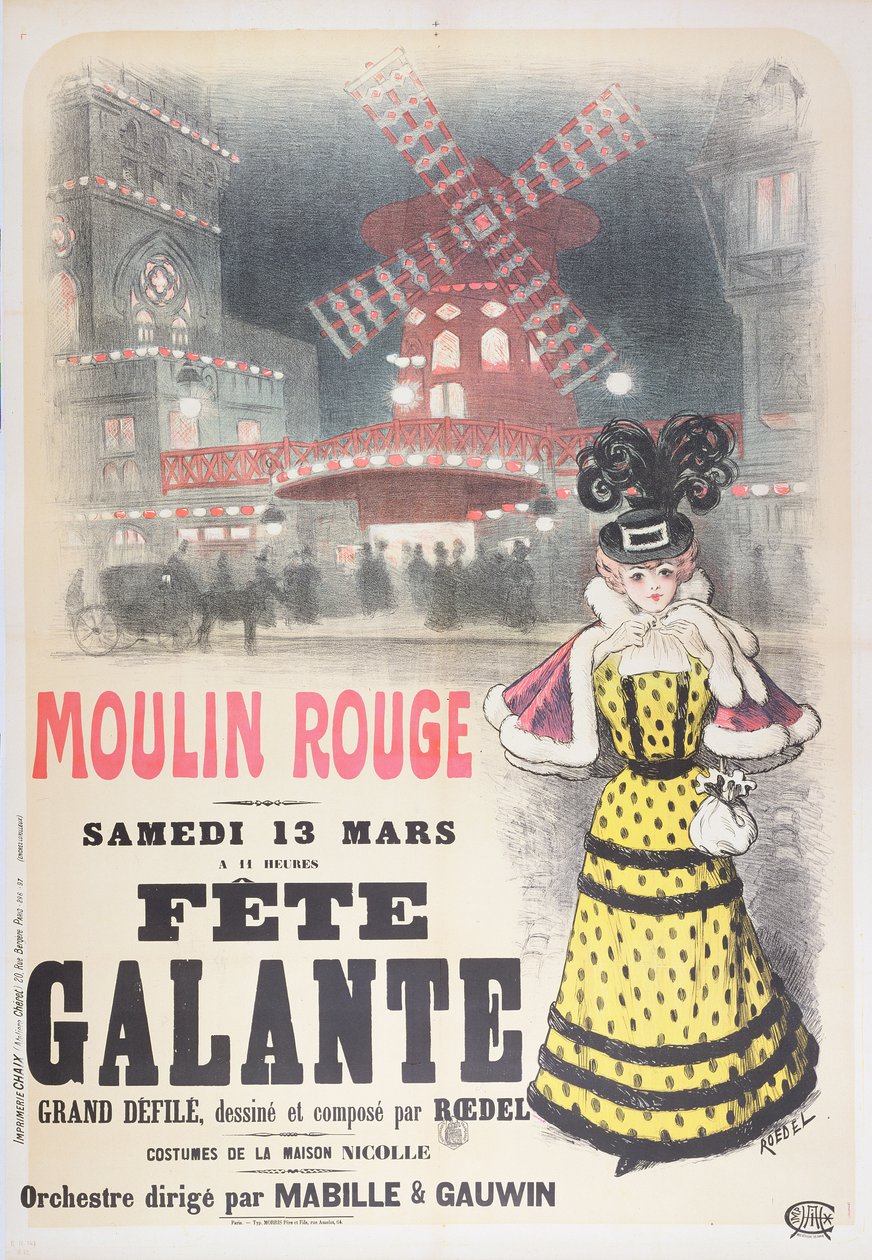 Plakat reklamujący „Fete Galante” w Moulin Rouge, Montmartre, Paryż. koniec XIX wieku autorstwa Roedel