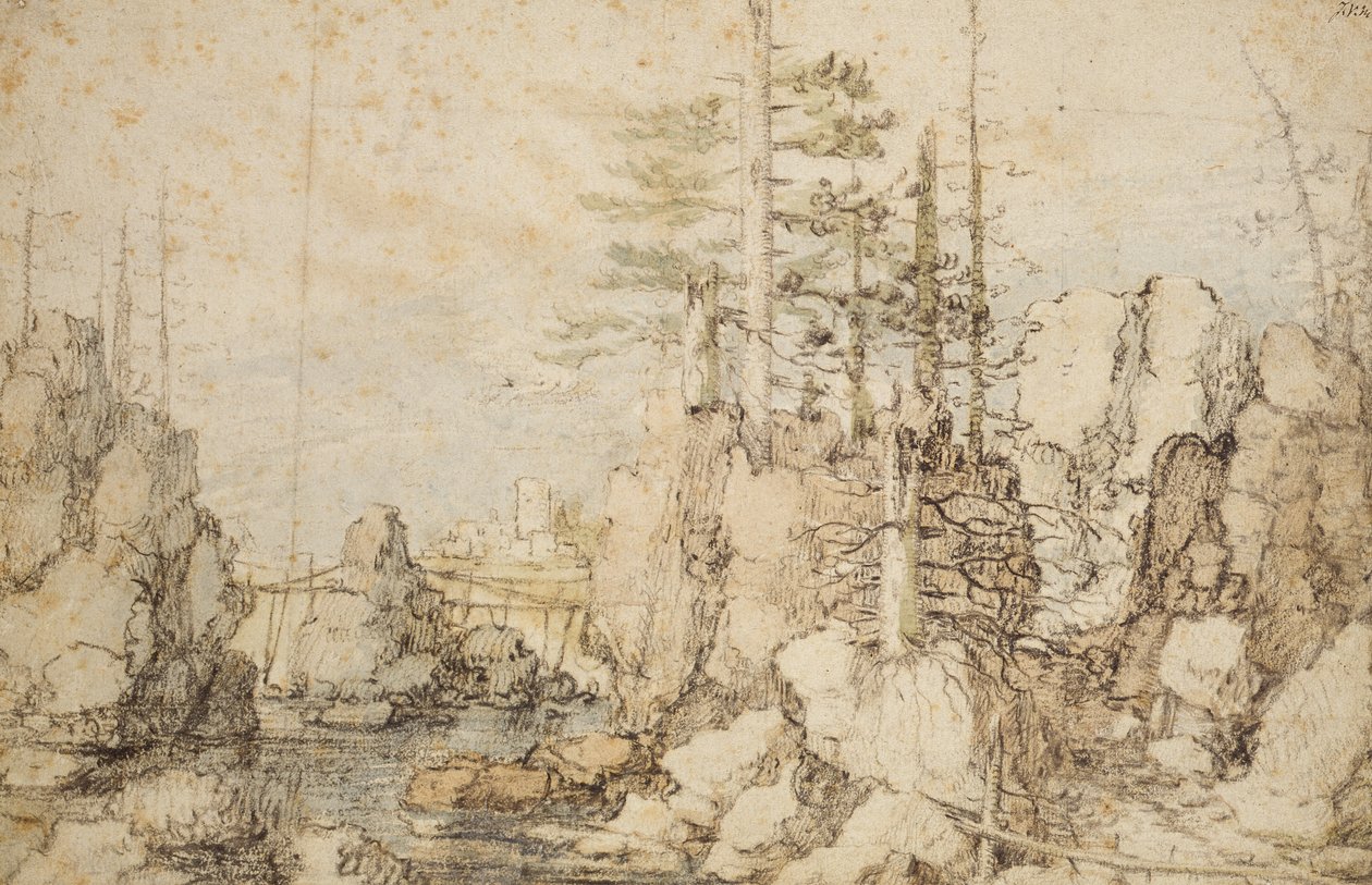 Zalesiony i skalisty krajobraz, ok. 1606-07 (czarna i kolorowa kreda i wc na papierze) autorstwa Roelandt Jacobsz. Savery