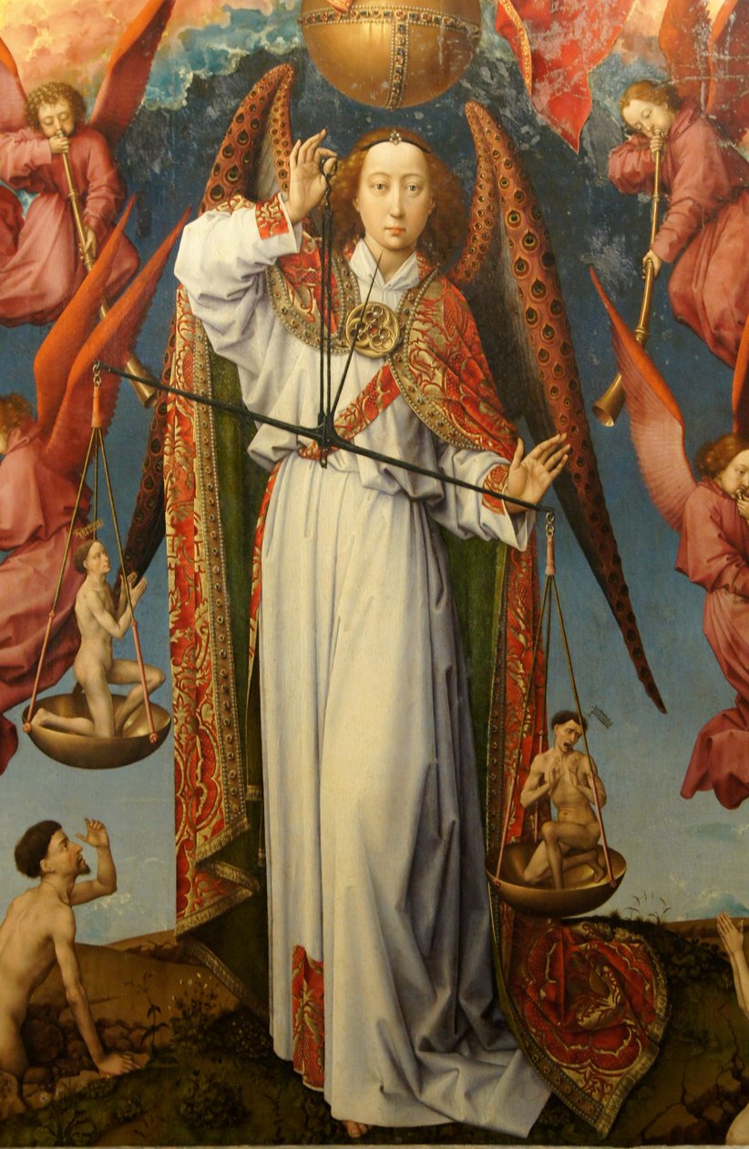 Zbliżenie Archanioła Świętego Michała ważącego dusze, ołtarz Sądu Ostatecznego autorstwa Rogier van der Weyden