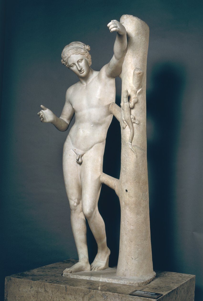 Apollo Sauroktonos (Zabójca Jaszczurów) Rzymska kopia greckiego brązu z ok. 350 r. p.n.e. przypisywana Praksytelesowi (ok. 370-339 p.n.e.) (marmur) autorstwa Roman
