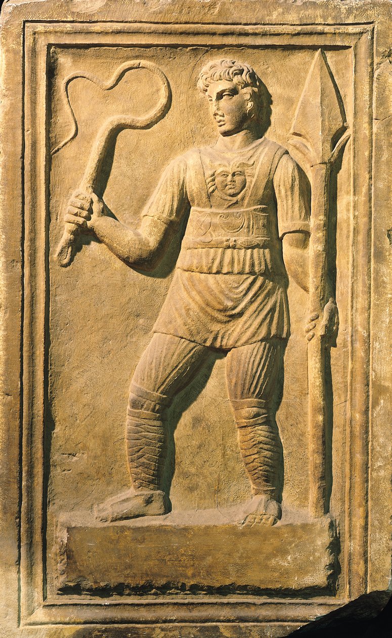 Płaskorzeźba przedstawiająca gladiatora trzymającego bicz i włócznię autorstwa Roman