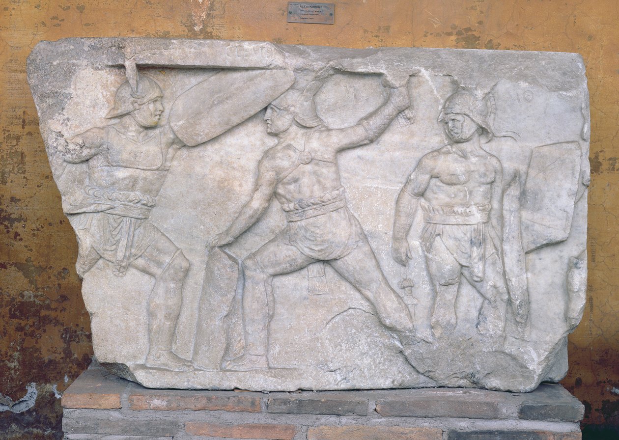 Płaskorzeźba przedstawiająca gladiatorów w walce (marmur) autorstwa Roman