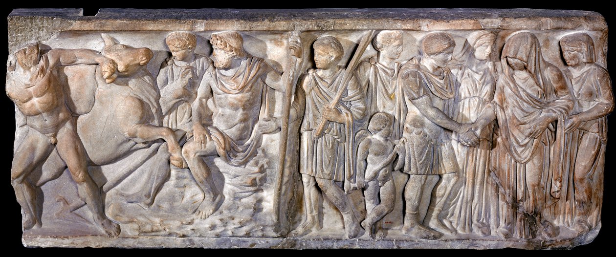 Sarkofag przedstawiający Jasona i ziejącego ogniem byka w Kolchis, 753-476 p.n.e. (marmur) autorstwa Roman