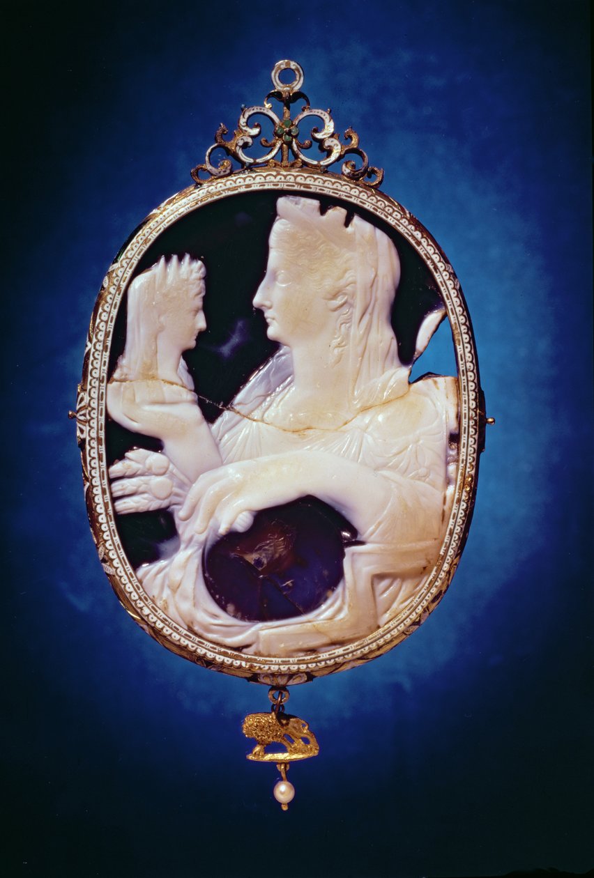 Sardonyx Cameo z profilem Liwii, żony cesarza Augusta (63 pne-14 ne) i Tyberiusza (Klaudiusza Nerona) (42 pne-37 ne), I wiek (sardonyks) autorstwa Roman