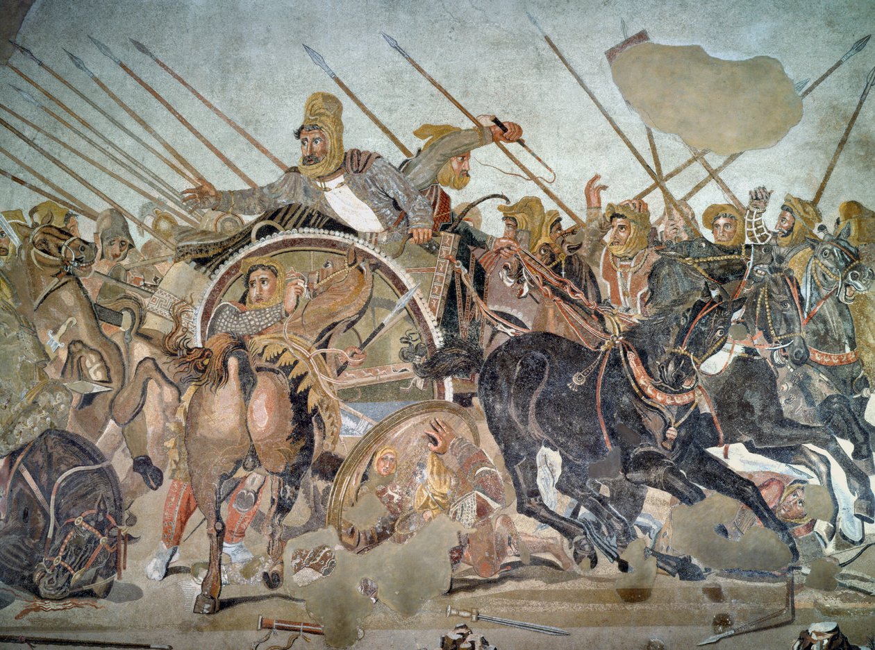 Mozaika Aleksandra, detal przedstawiający Dariusza III 399-330 p.n.e. w bitwie pod Issus przeciwko Aleksandrowi Wielkiemu 356-323 p.n.e. w 333 r. p.n.e. detal mozaiki z 154003 r. autorstwa Roman