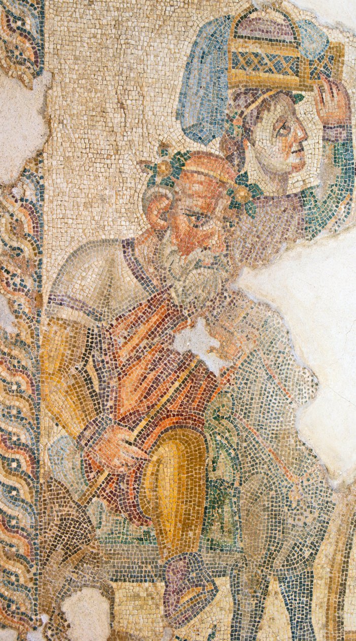 Triumfalna procesja Dionizosa, fragment Seilenosa jadącego na osiołku. Mozaika Dom Aiona, Pafos, Cypr autorstwa Roman