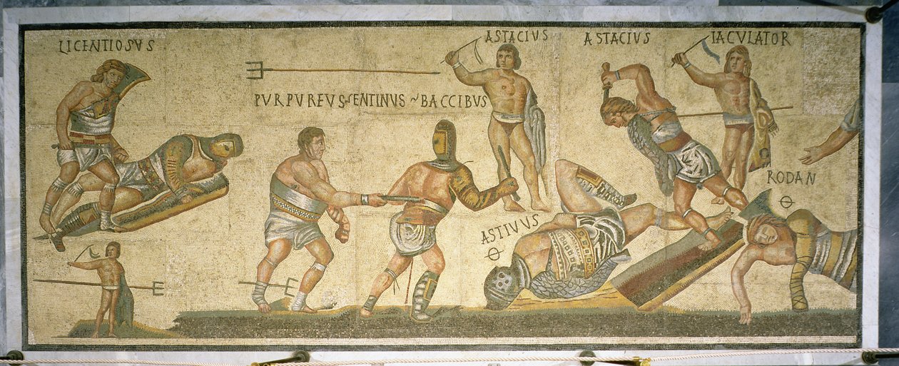 Bitwa gladiatorów, 320 AD (mozaika) autorstwa Roman