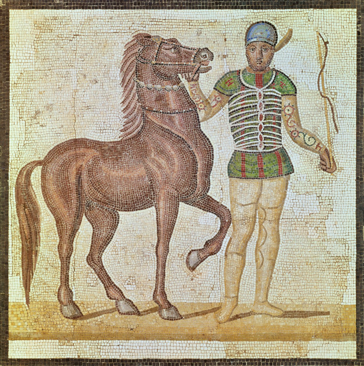 Jeździec na koniu w barwach wyścigowych (mozaika) autorstwa Roman