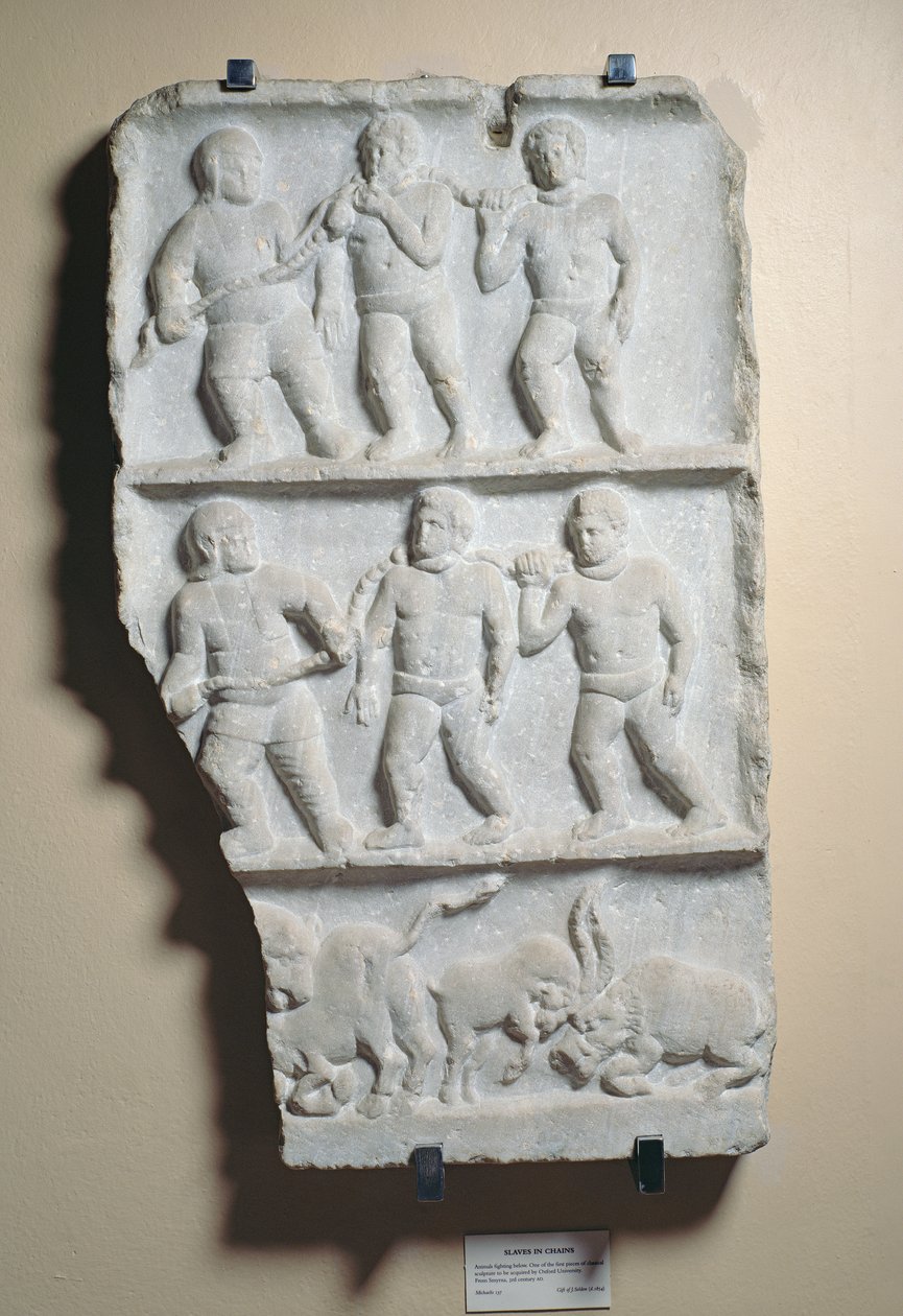 Mężczyźni w łańcuchach, płaskorzeźba znaleziona w Smyrnie (marmur) autorstwa Roman