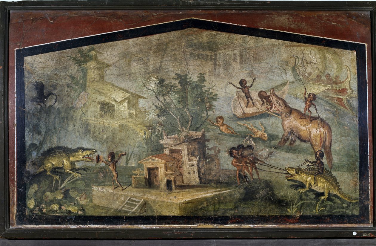 „Pigmejowie polujący na krokodyle i słonie” z Pompei autorstwa Roman