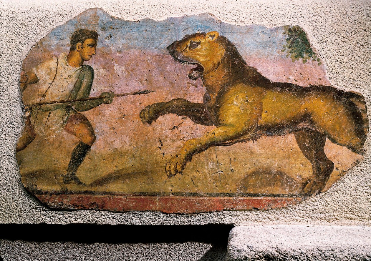 Gladiator walczący z lwem (fresk) autorstwa Roman Roman