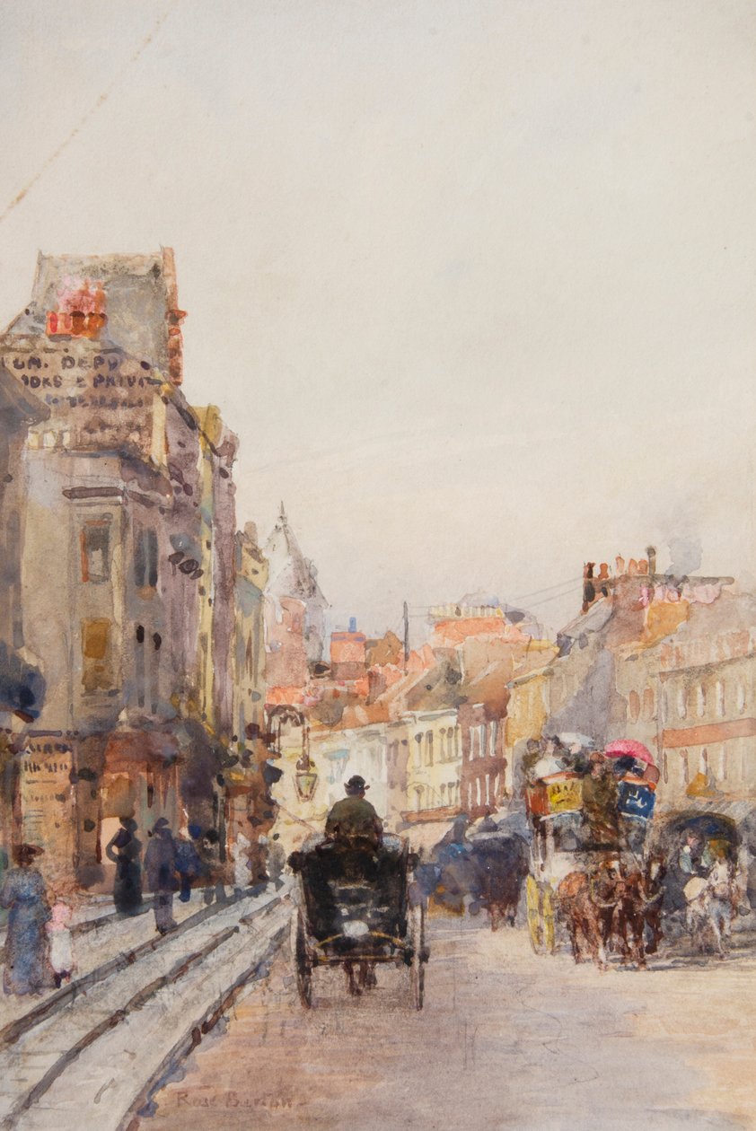 Brompton Road, patrząc na wschód (akwarela) autorstwa Rose Maynard Barton