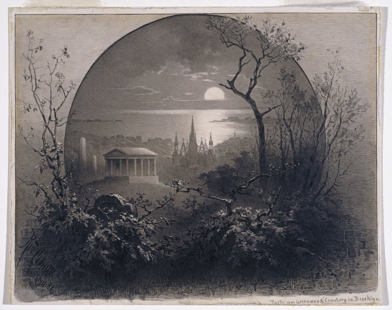 Widok z cmentarza Greenwood, Brooklyn, 1881 (tusz grisaille i pranie na papierze) autorstwa Rudolf Cronau