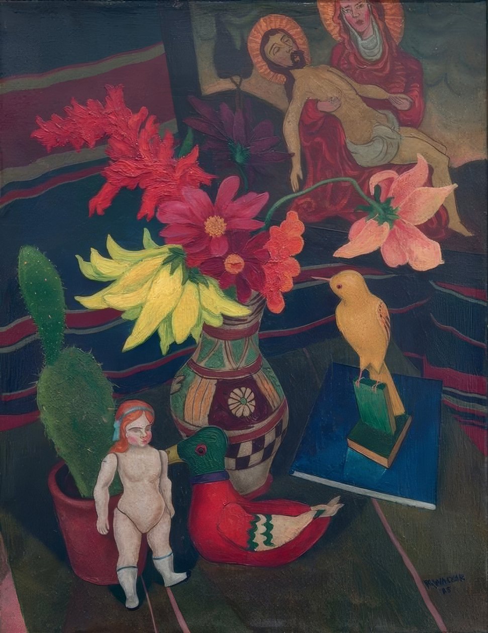Martwa natura z nagą lalką, kaktusem i obrazkiem Pieta autorstwa Rudolf Wacker