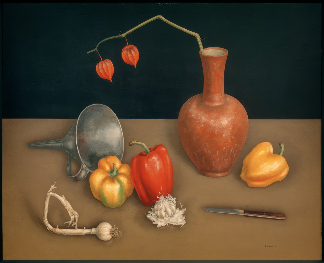Martwa natura z papryką (nóż, wazon, kwiat latarni) autorstwa Rudolf Wacker