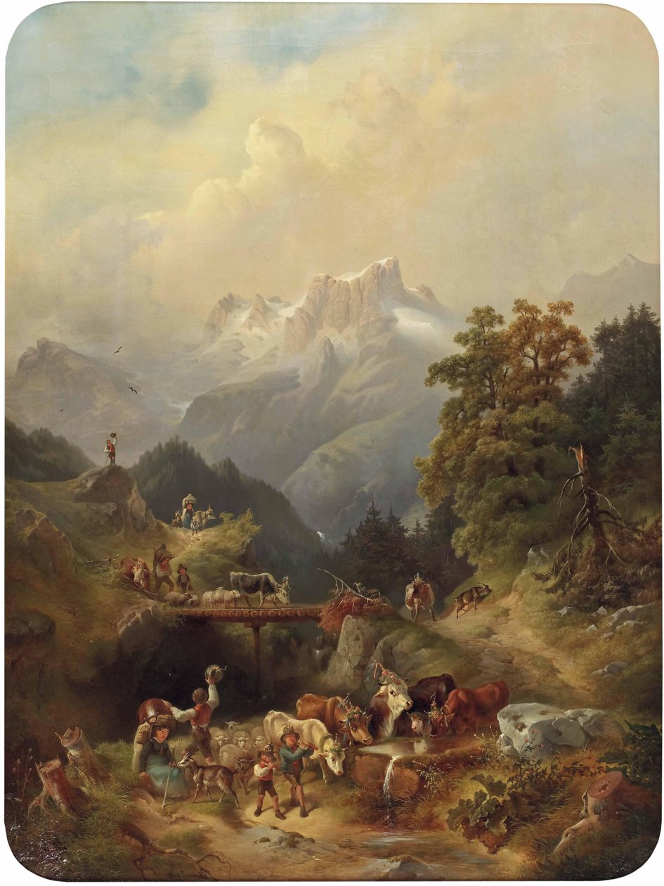 Uroczyste Almabtrieb w wysokich górach. autorstwa Rudolf Swoboda der Ältere