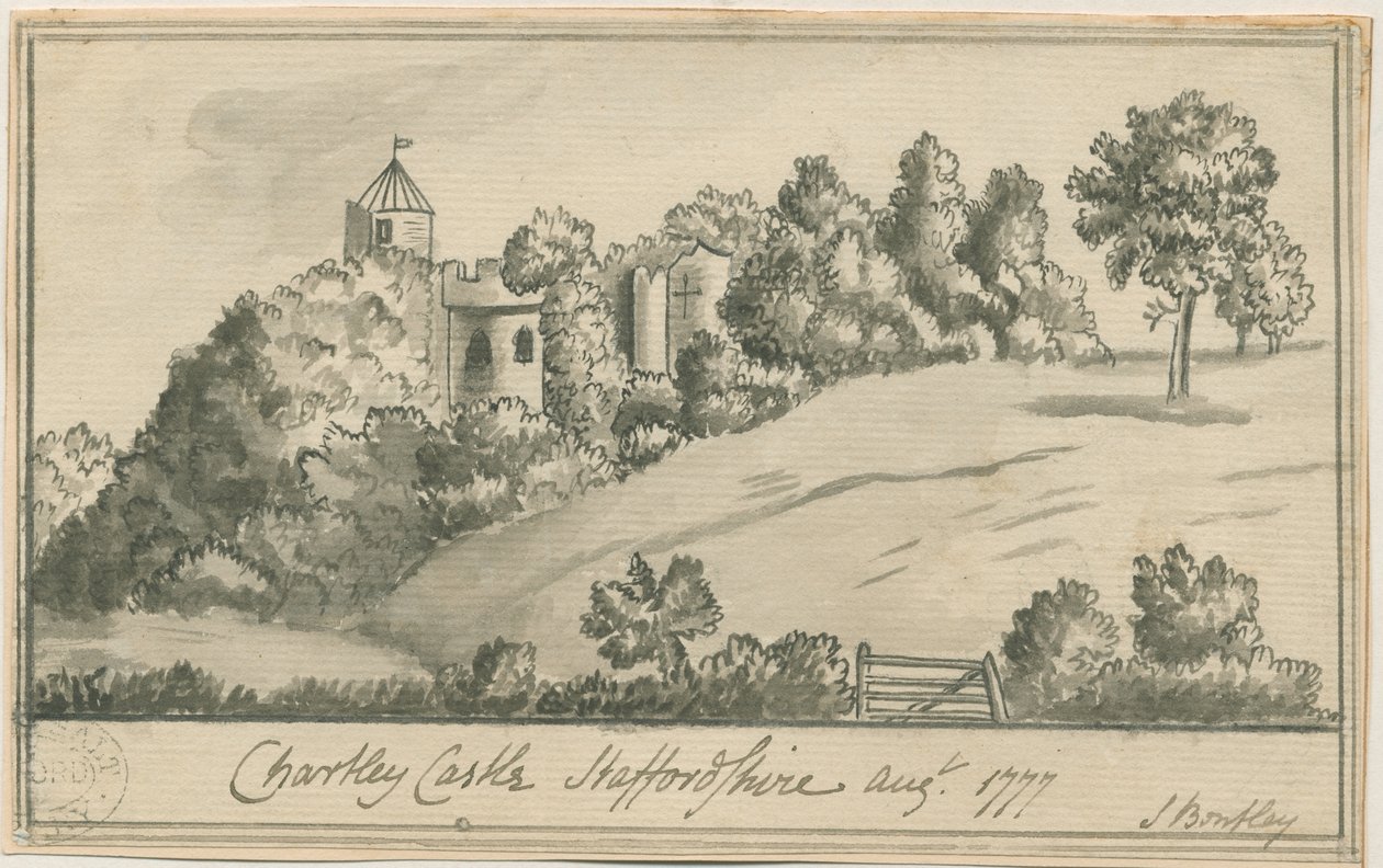 Zamek Chartley: rysunek w sepii, sierpień 1777 r. autorstwa S Bentley