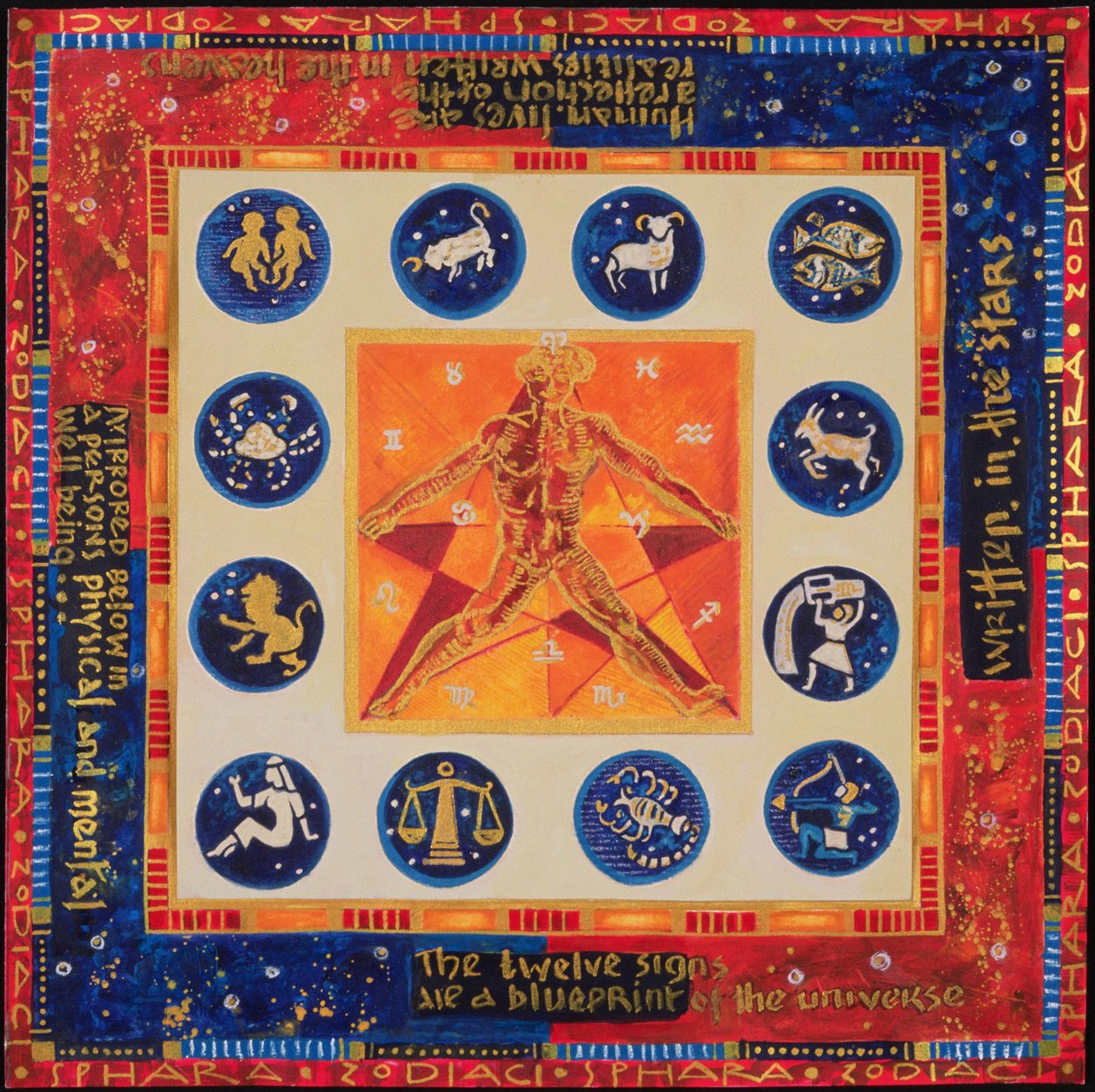 Astrologia, 1999 (akryl i gwasz na papierze) autorstwa Sabira Manek