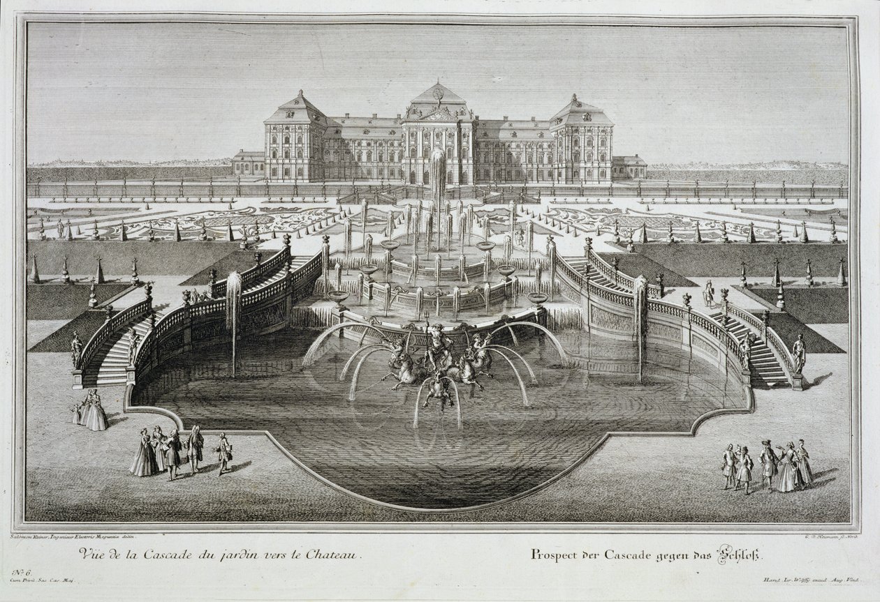 Weissenstein, widok w kierunku zamku z barokowej kaskady, sztychowany przez Georga-Daniela Heumanna (1691-1759), wydanie 1728 autorstwa Salomon Kleiner