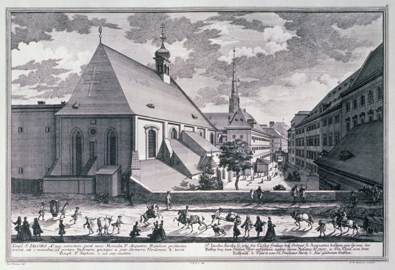 Widok kościoła św. Jakuba w Wiedniu wyryty przez Georga-Daniela Heumanna (1691-1759) autorstwa Salomon after Kleiner