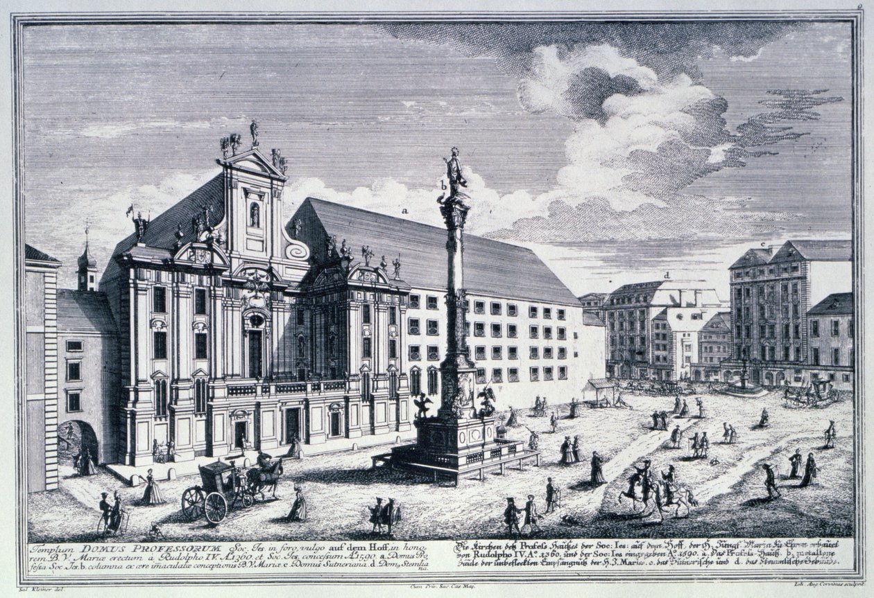 Widok na plac Am Hof przedstawiający Mariensaule lub Kolumnę Matki Boskiej wyrytą przez Johanna-August Corvinusa (1683-1738) autorstwa Salomon after Kleiner