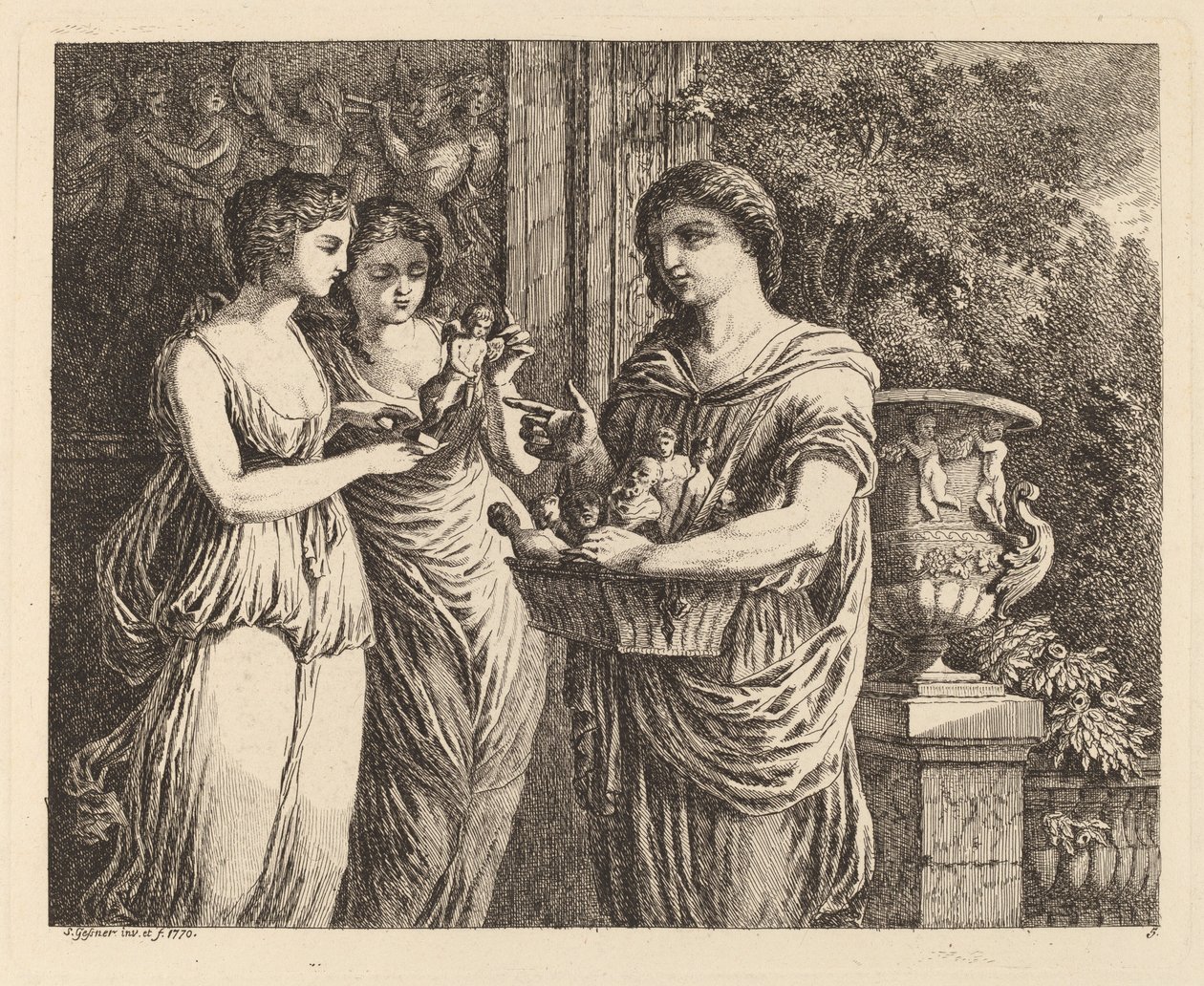 Sprzedawca figurek z dwiema dziewczynami, 1770. autorstwa Salomon Gessner