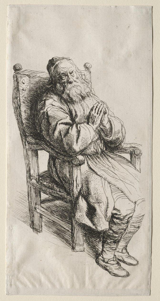 Stary człowiek na krześle, modlący się. autorstwa Salomon Koninck