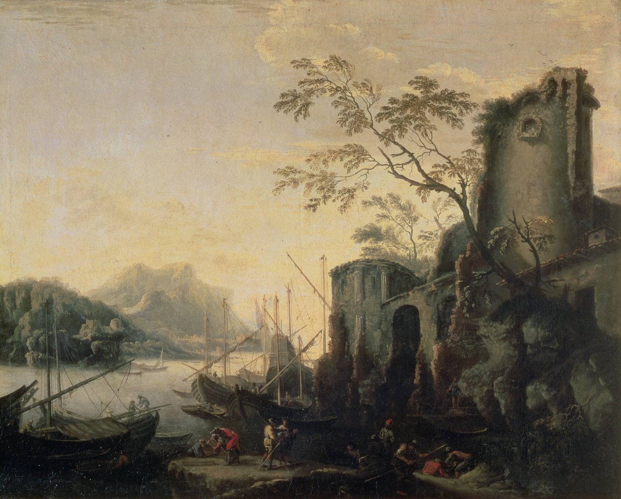 Krajobraz rzeki z łodziami i ruinami autorstwa Salvator Rosa