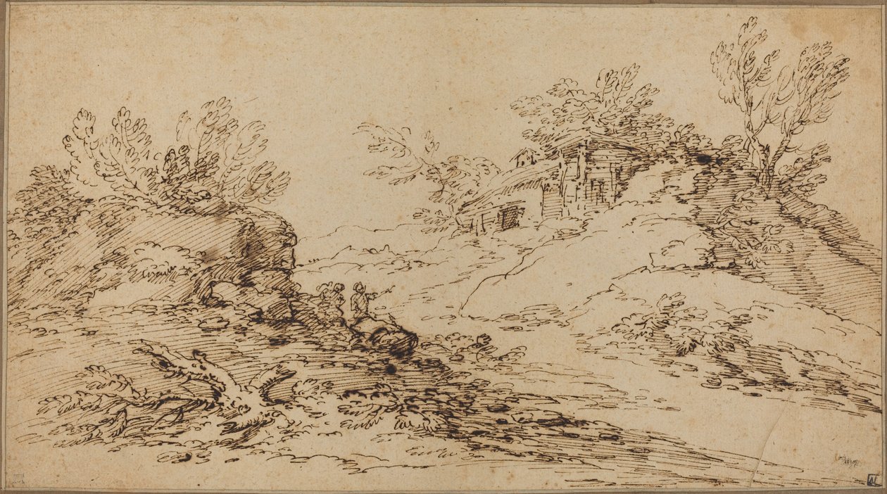 Skalisty krajobraz z rustykalnym domem autorstwa Salvator Rosa