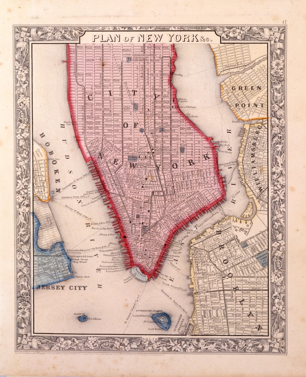 Plan Nowego Jorku undc. [na Manhattanie, aż do 46th Street], 1860 (czarny i kolorowy tusz, z ręcznym barwieniem, na papierze) autorstwa Samuel Augustus Mitchell