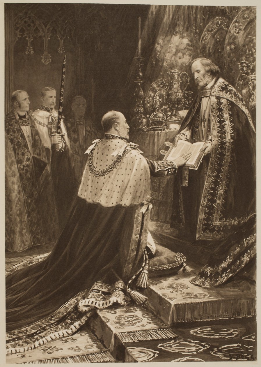 Ceremonia koronacyjna z 1902 r.: Stanowisko króla Edwarda VII podczas składania przysięgi, z „The Illustrated London News”, 1902 autorstwa Samuel Begg