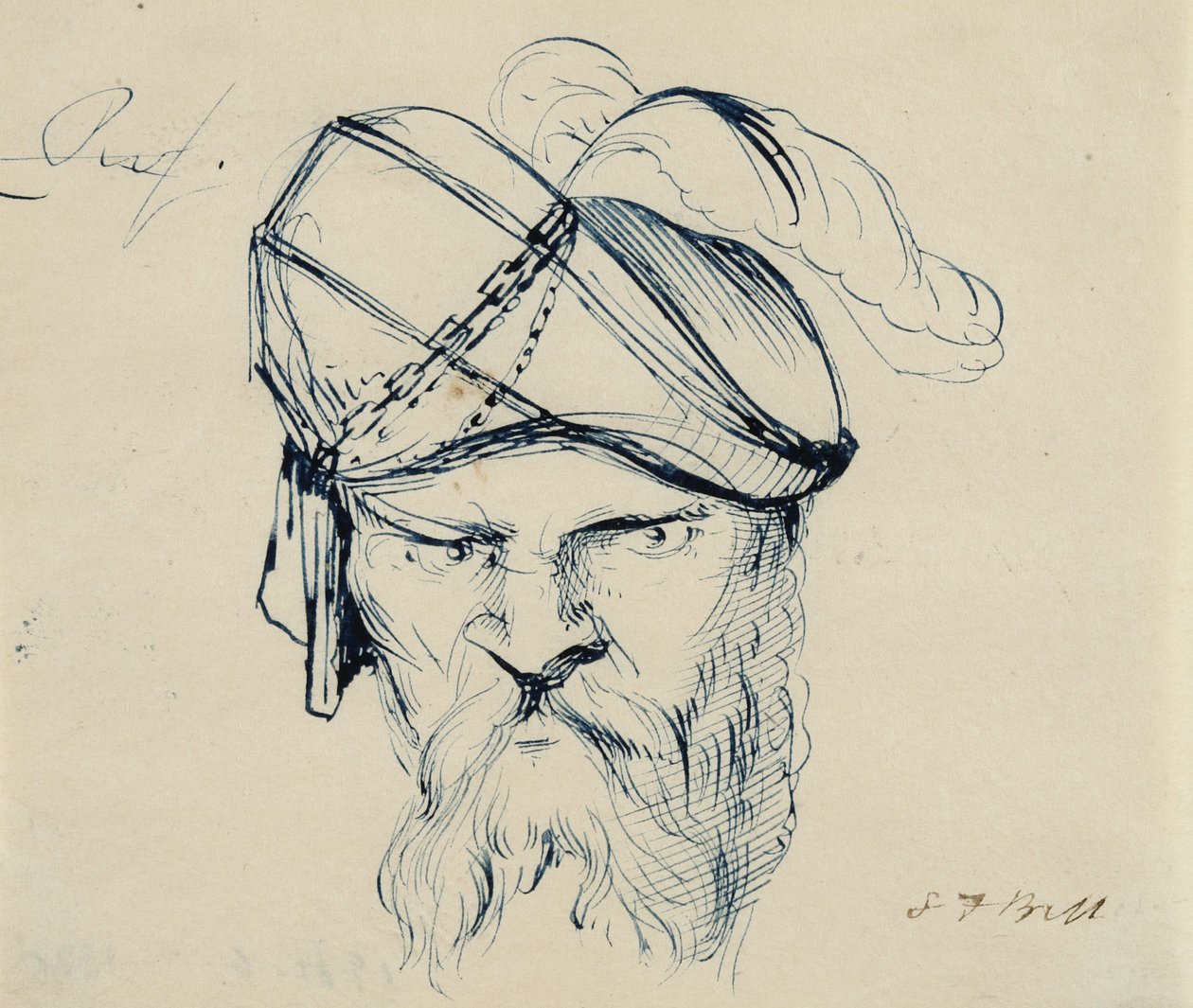 Mężczyzna ubrany w turban z pióropuszem, 1840-42 (długopis i niebieski atrament na kremowym papierze) autorstwa Samuel Finley Breese Morse