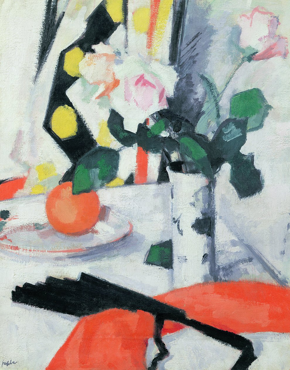 Martwa natura: róże w chińskim wazonie z czarnym wachlarzem, 1924 autorstwa Samuel John Peploe