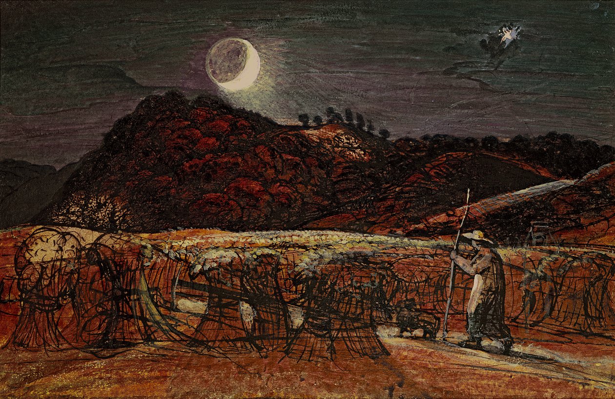 Cornfield by Moonlight, z Wieczorną Gwiazdą, ok. 1830 (toaleta i kolor nadwozia, długopis i atrament) autorstwa Samuel Palmer