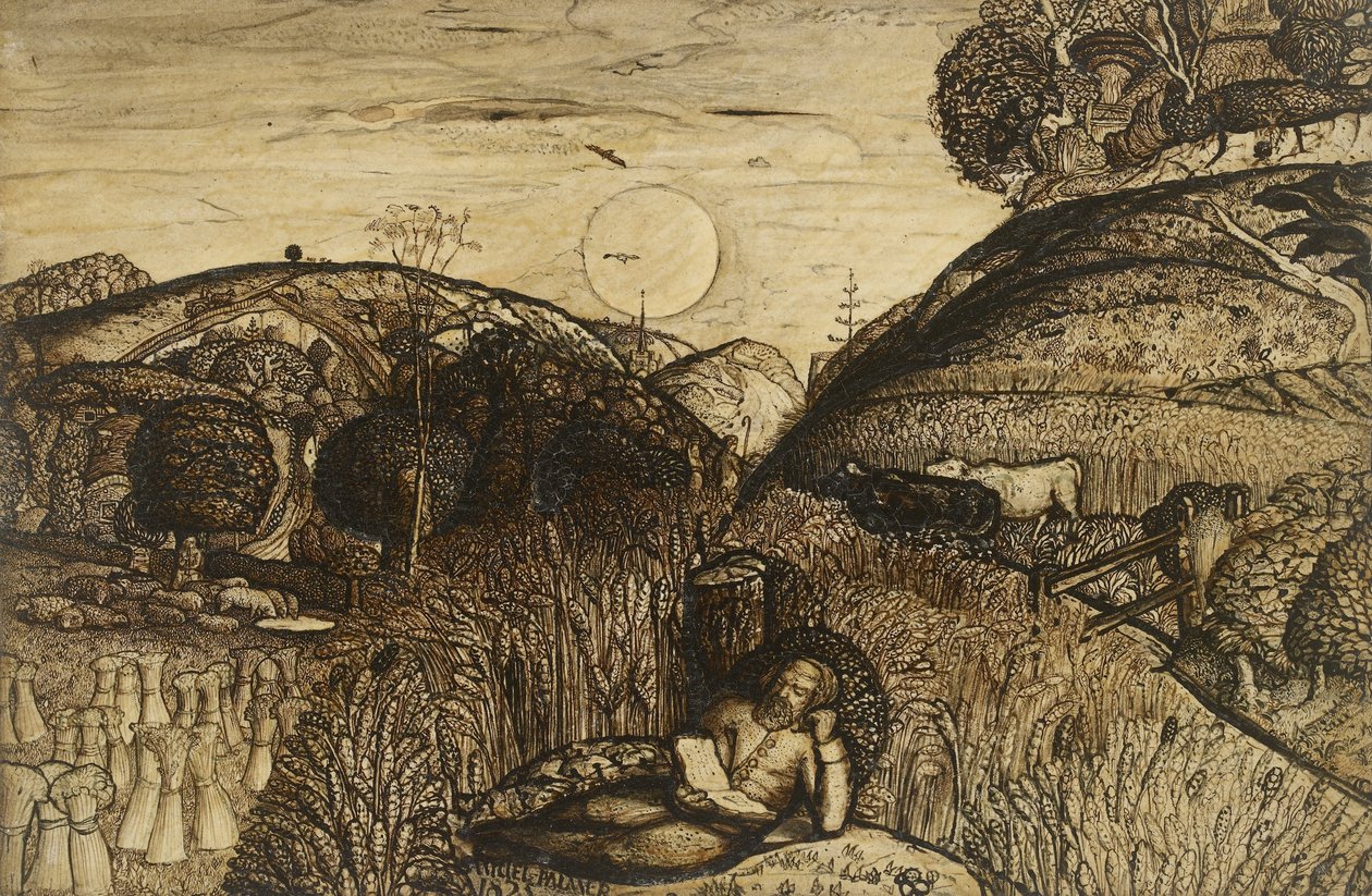 The Valley Thick with Corn, 1825 (długopis i ciemnobrązowy tusz z pędzelkiem w sepii zmieszanej z gumą arabską; lakierowany) autorstwa Samuel Palmer