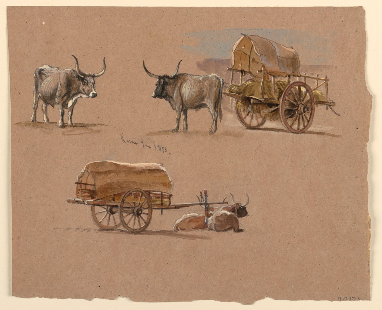 Rysunek, Oxcarts, Rzym, Włochy, styczeń 1873 r. autorstwa Samuel Colman