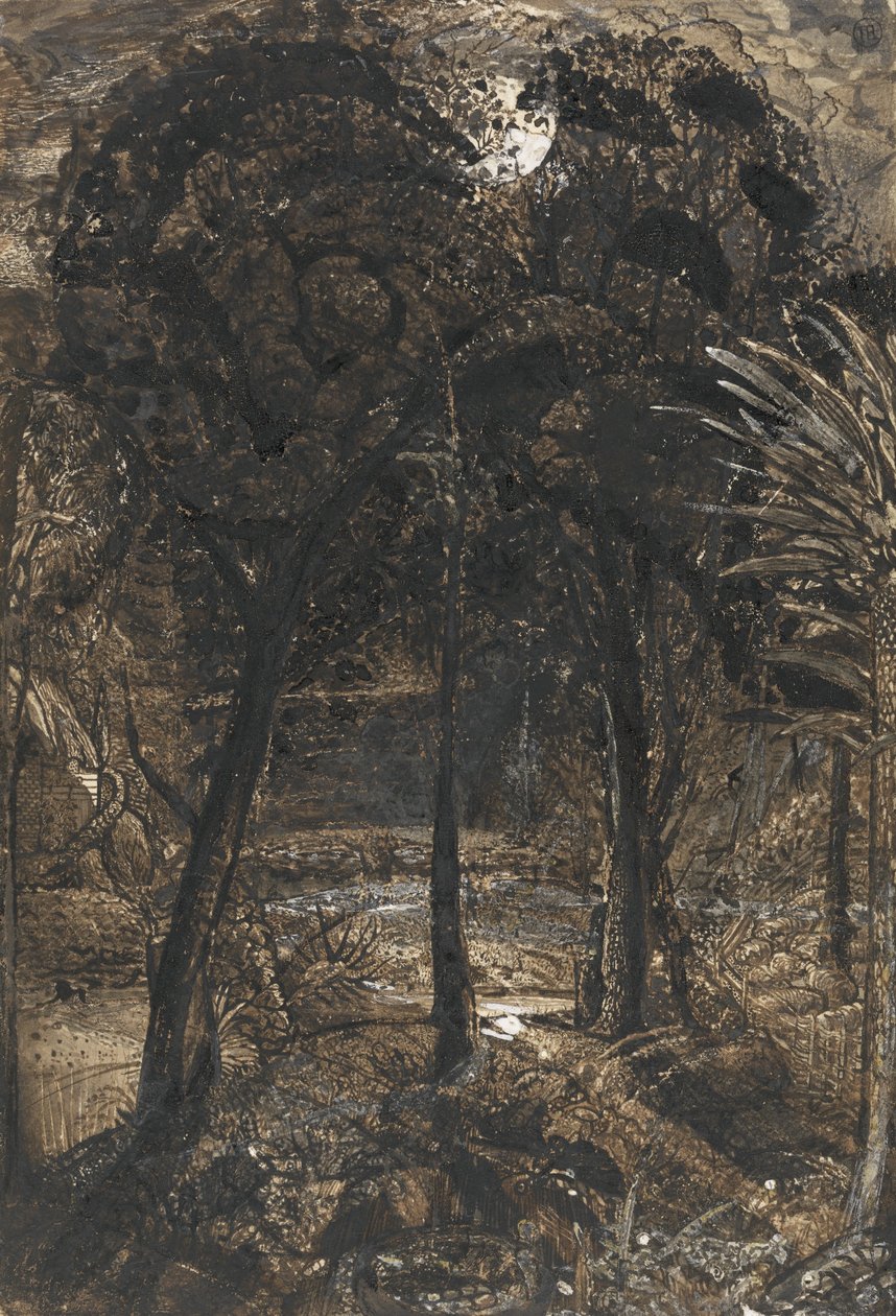 Scena w świetle księżyca z wijącą się rzeką autorstwa Samuel Palmer