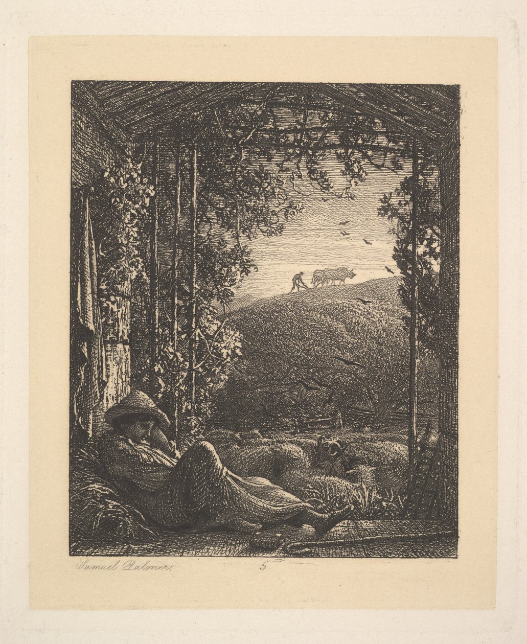 Śpiący pasterz, wczesny poranek, 1857. autorstwa Samuel Palmer