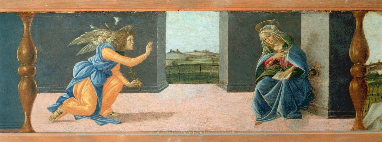 Zwiastowanie, panel predelli z Ołtarza św. Marka, ok. 1488-90 (tempera na płycie) (zob. 44363 i 44381) autorstwa Sandro Botticelli