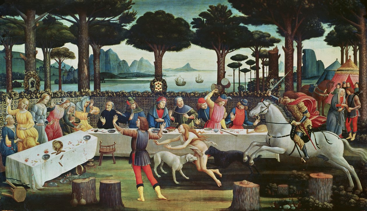 Bankiet w lesie sosnowym: scena III z Historii Nastagio degli Onesti, ok.1483 (tempera na panelu) autorstwa Sandro Botticelli