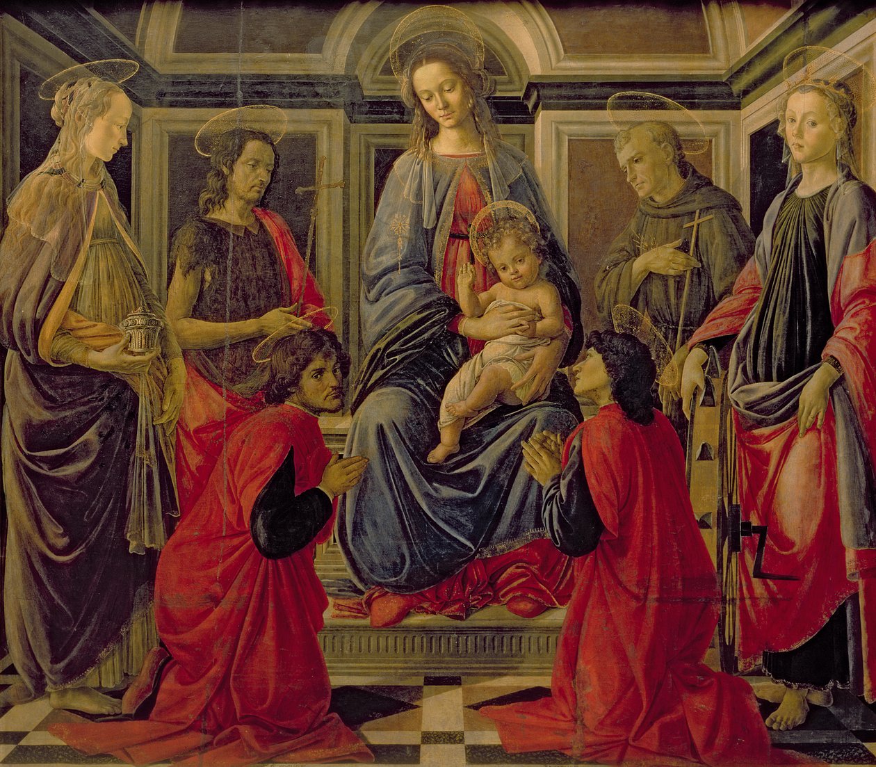 Dziewica z Dzieciątkiem z SS. Maria Magdalena, Jan Chrzciciel, Cosmo, Damian, Franciszek i Katarzyna, ok. 1470-72 (tempera na panelu) autorstwa Sandro Botticelli