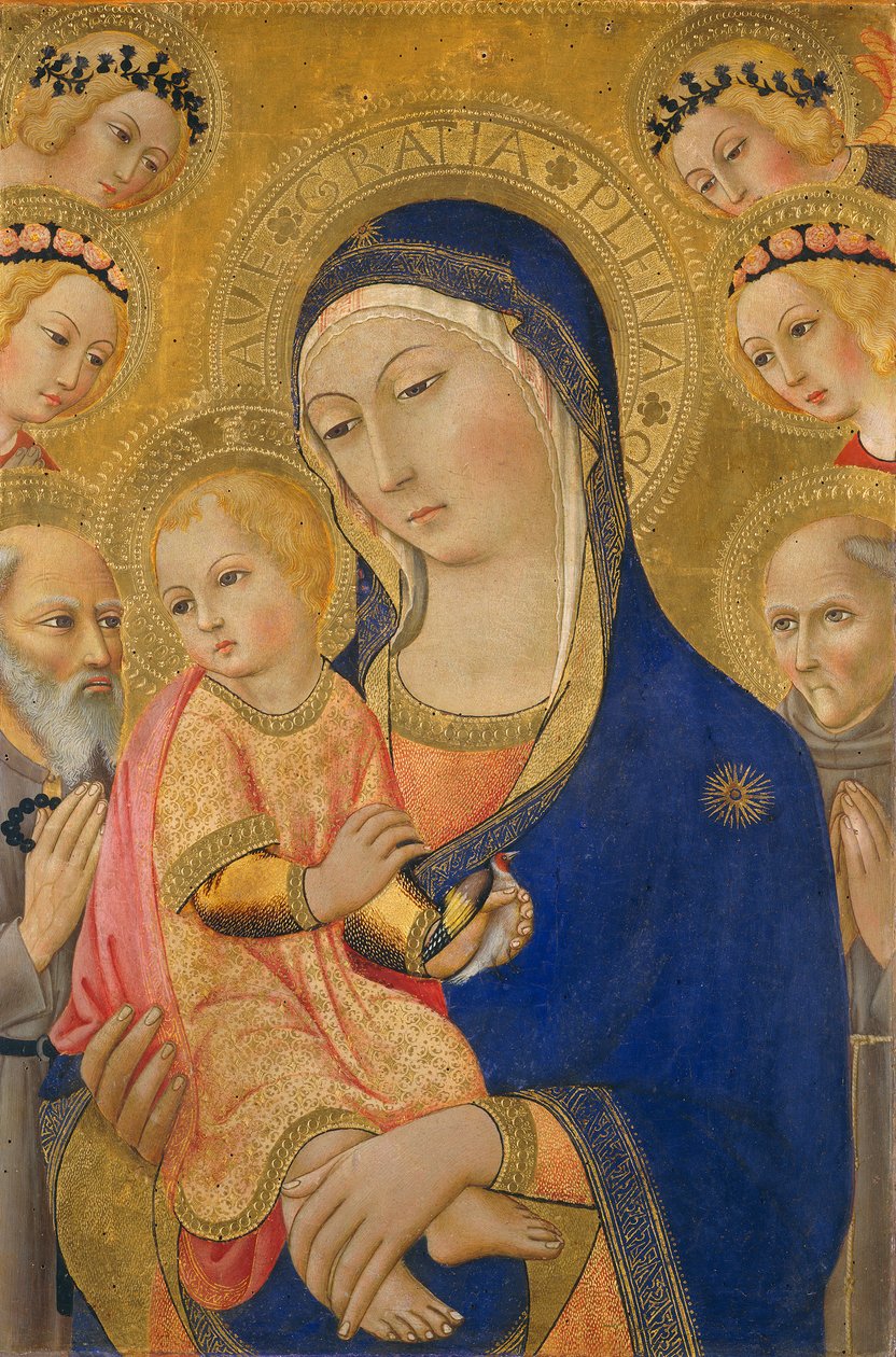 Madonna z Dzieciątkiem i Świętym Jerzym, Świętym Bernardynem i Aniołami, ok. 1460-70 (tempera na płycie) autorstwa Sano di Pietro