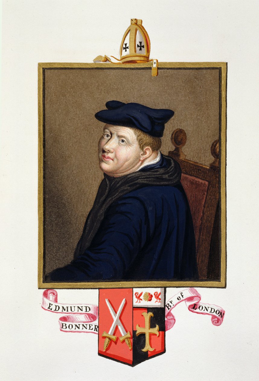 Portret Edmunda Bonnera (ok. 1500-69) biskupa Londynu z „Wspomnień dworu królowej Elżbiety”, opublikowanych w 1825 r. (wc i gwasz na papierze) autorstwa Sarah Countess of Essex