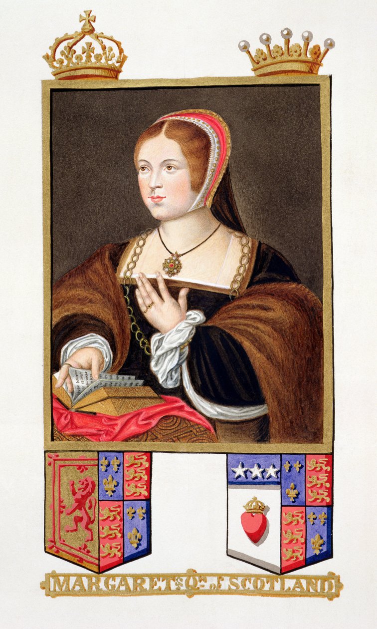 Portret Margaret Tudor (1489-1541) królowej Szkocji ze „Wspomnienia dworu królowej Elżbiety” według portretu Daniela Mytensa (ok. 1590-1642), opublikowanego w 1825 r. (wc i gwasz na papierze) autorstwa Sarah Countess of Essex