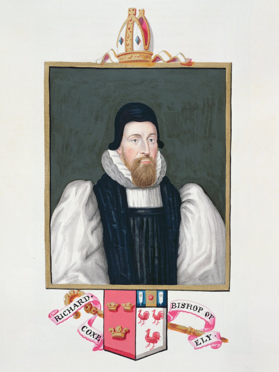 Portret Richarda Coxa (1500-81) biskupa Ely ze „Pamiętników dworu królowej Elżbiety”, opublikowany w 1825 r. (wc i gwasz na papierze) autorstwa Sarah Countess of Essex