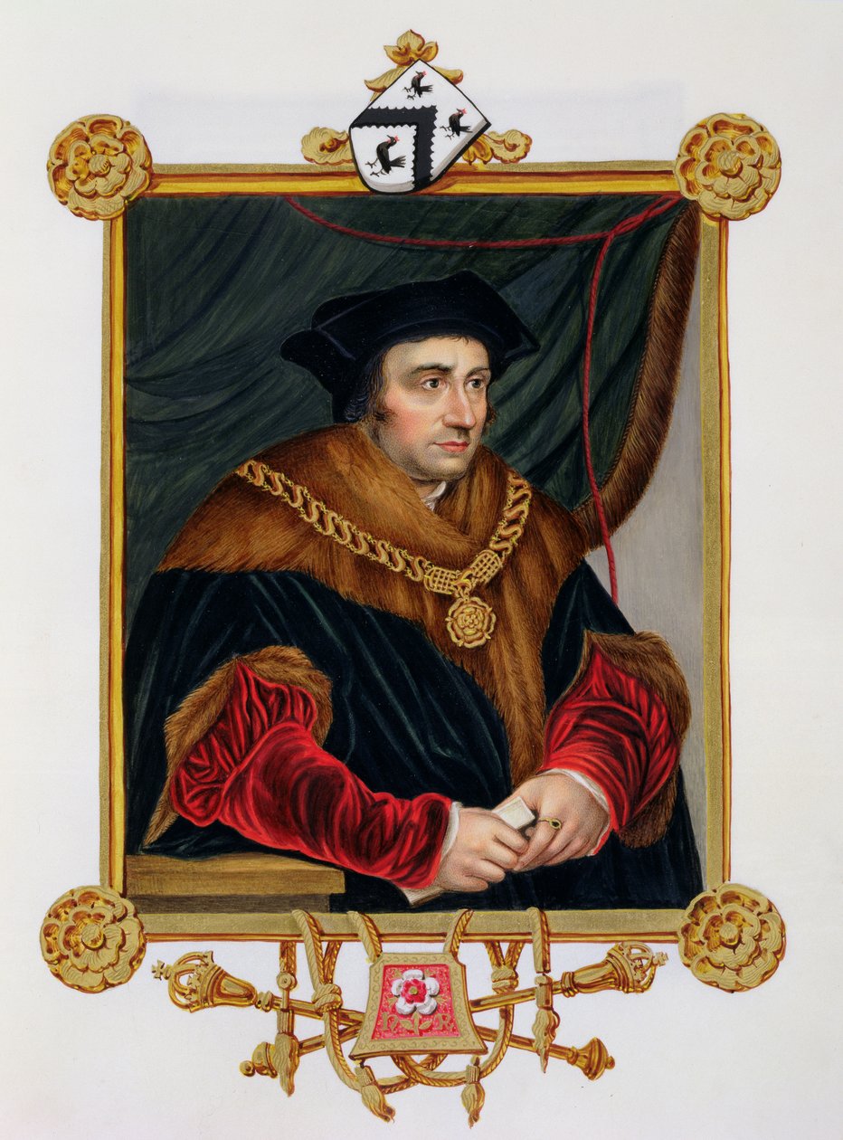 Portret Sir Thomas More (1478-1535) ze „Wspomnienia dworu królowej Elżbiety”, wg portretu Hansa Holbeina Młodszego (1498-1543), opublikowanego w 1825 r. (wc i gwasz na papierze) autorstwa Sarah Countess of Essex