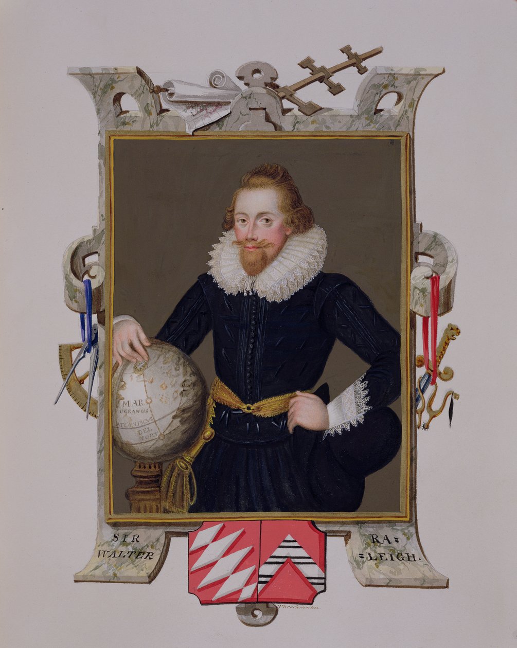 Portret sir Waltera Raleigha (ok. 1552-1618) ze „Wspomnień dworu królowej Elżbiety”, opublikowanych w 1825 r. (wc i gwasz na papierze) autorstwa Sarah Countess of Essex